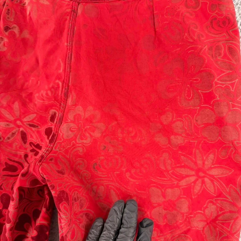 Vintage NSS‎ Board Shorts Mens 34 Red Floral Flocked Hibiscus Cargo Swim Trunks